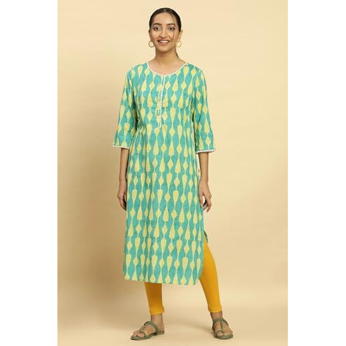 W For Woman Women's Cotton Geometric Regular Kurta (24Few10767-123532_Green