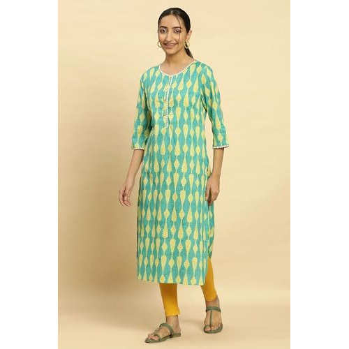 W For Woman Women's Cotton Geometric Regular Kurta (24Few10767-123532_Green