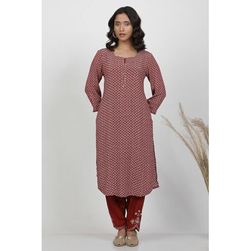 W For Woman Red Geometric Print Viscose Straight Kurta_24Few10610-123013_M