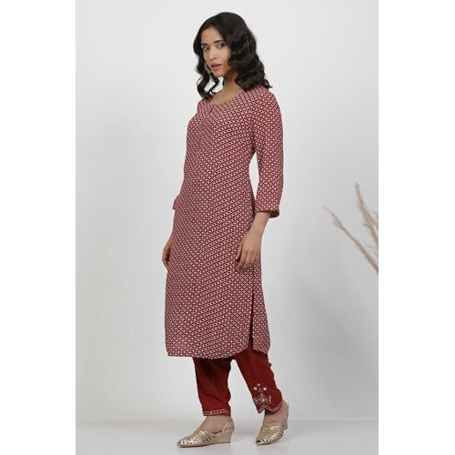 W For Woman Red Geometric Print Viscose Straight Kurta_24Few10610-123013_M
