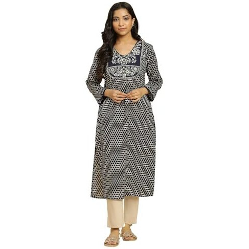 W For Woman Blue Printed Cotton Kurta With Dori Embroidery (Size M)-24Few10617-122992