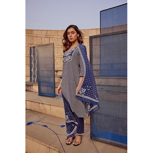 W For Woman Blue Printed Cotton Kurta With Dori Embroidery (Size M)-24Few10617-122992