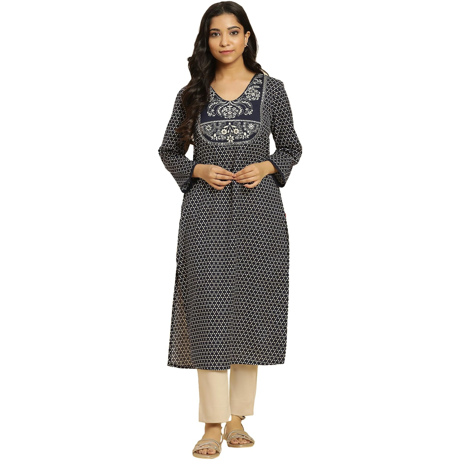 W For Woman Blue Printed Cotton Kurta With Dori Embroidery (Size 2Xl)-24Few10617-122992