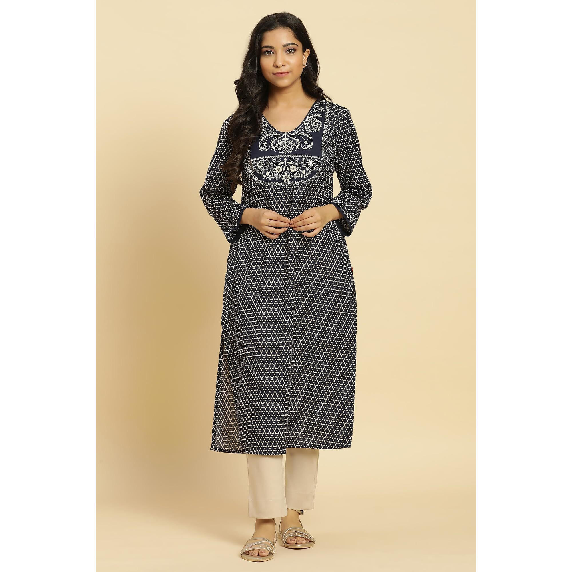 W For Woman Blue Printed Cotton Kurta With Dori Embroidery (Size 2Xl)-24Few10617-122992