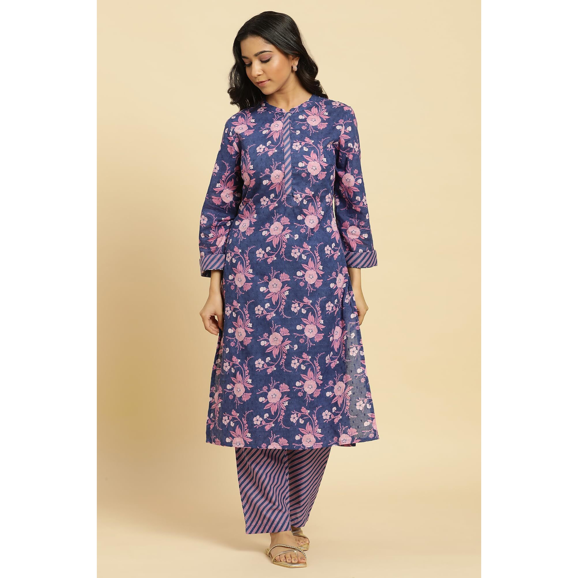 W For Woman Navy Blue Floral Printed Kurta And Stripe Pants Set (Size S)-24Fews10736-123510