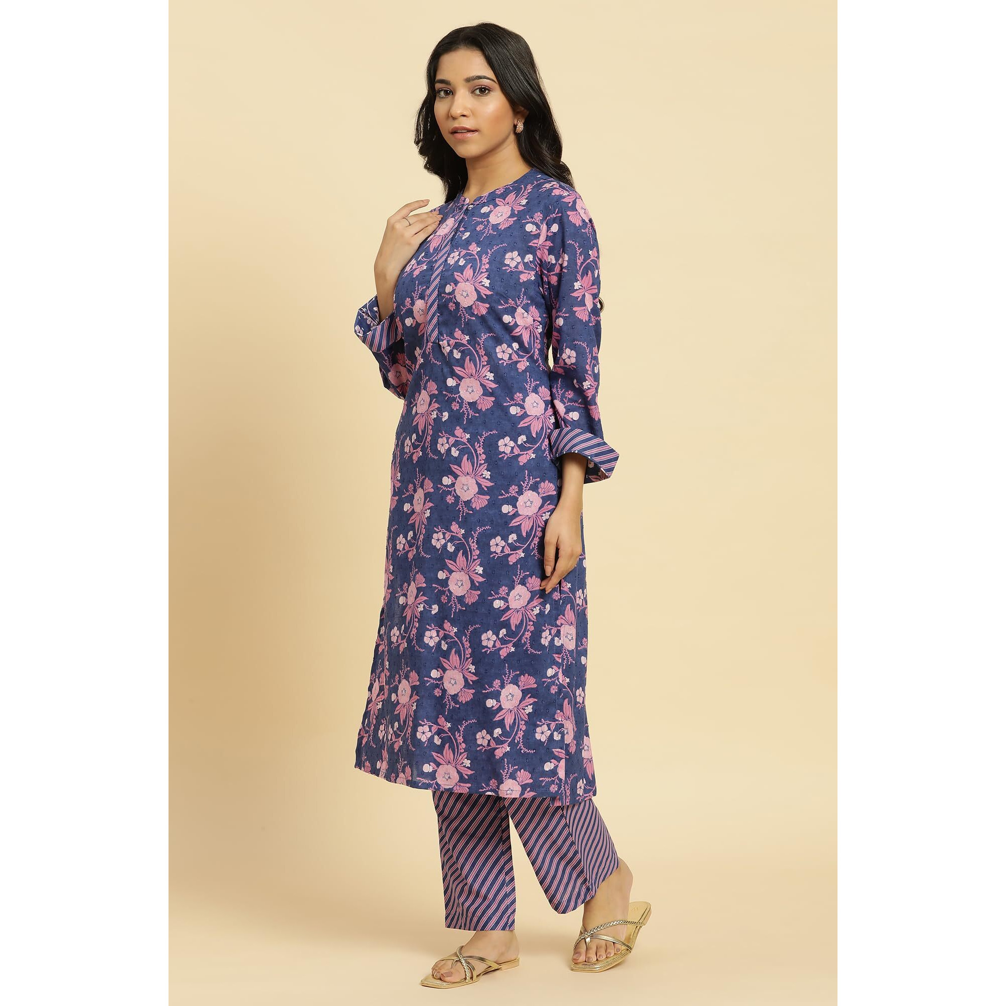 W For Woman Navy Blue Floral Printed Kurta And Stripe Pants Set (Size S)-24Fews10736-123510