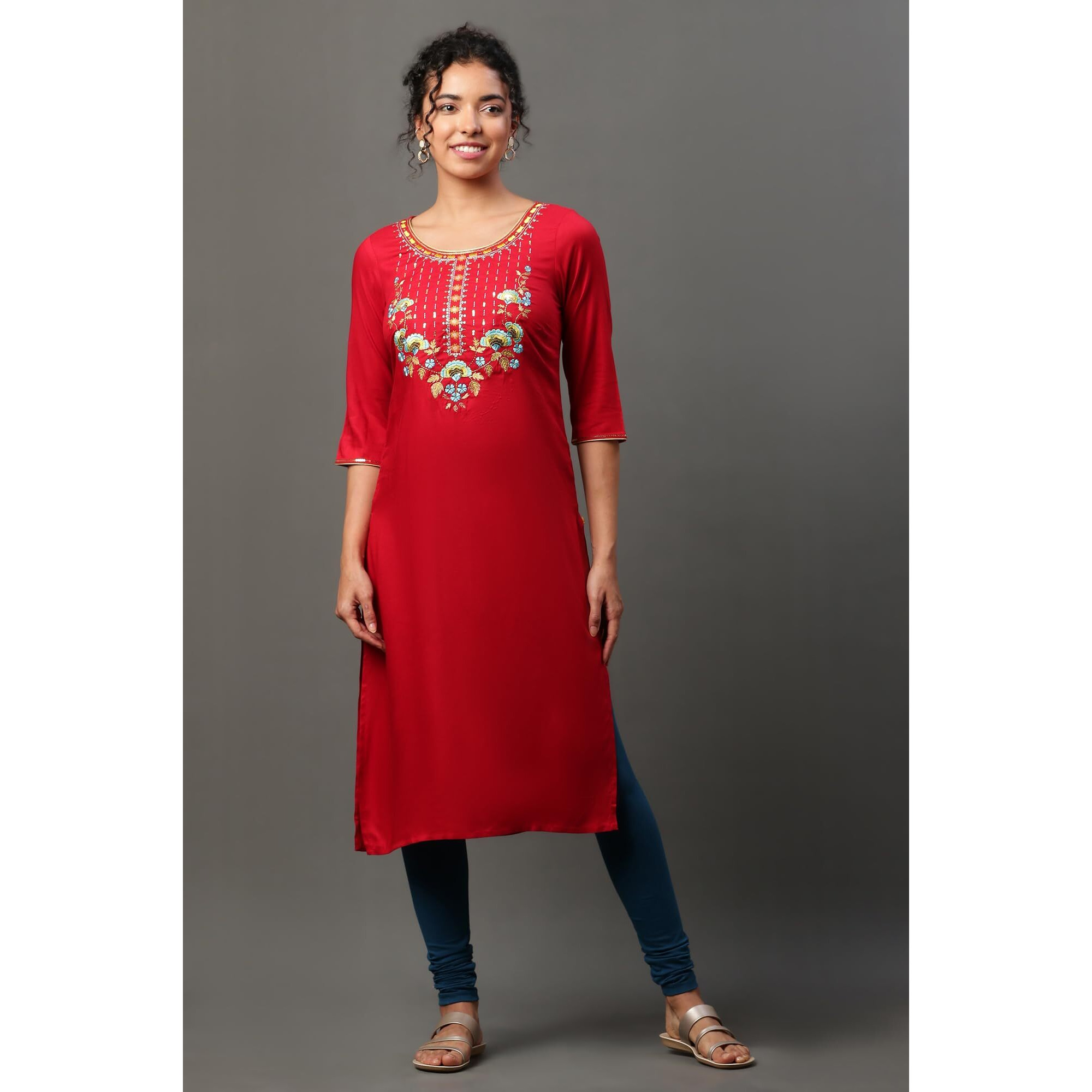 Aurelia Womens Solid Zari Embriodery Straight Kurta | Lightweight Round Neck Kurta For Women | Solid Kurta For Women | Beautiful Regular Fit Kurta For Women Red