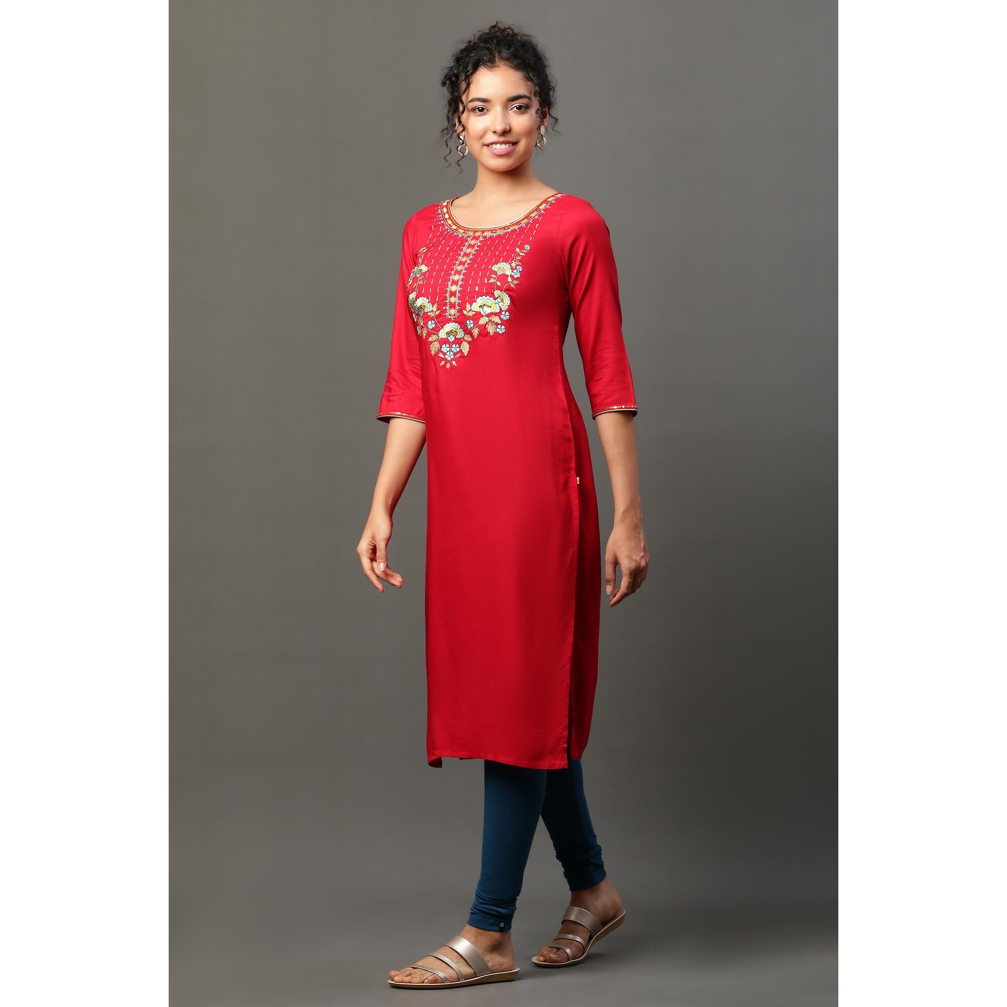Aurelia Womens Solid Zari Embriodery Straight Kurta | Lightweight Round Neck Kurta For Women | Solid Kurta For Women | Beautiful Regular Fit Kurta For Women Red