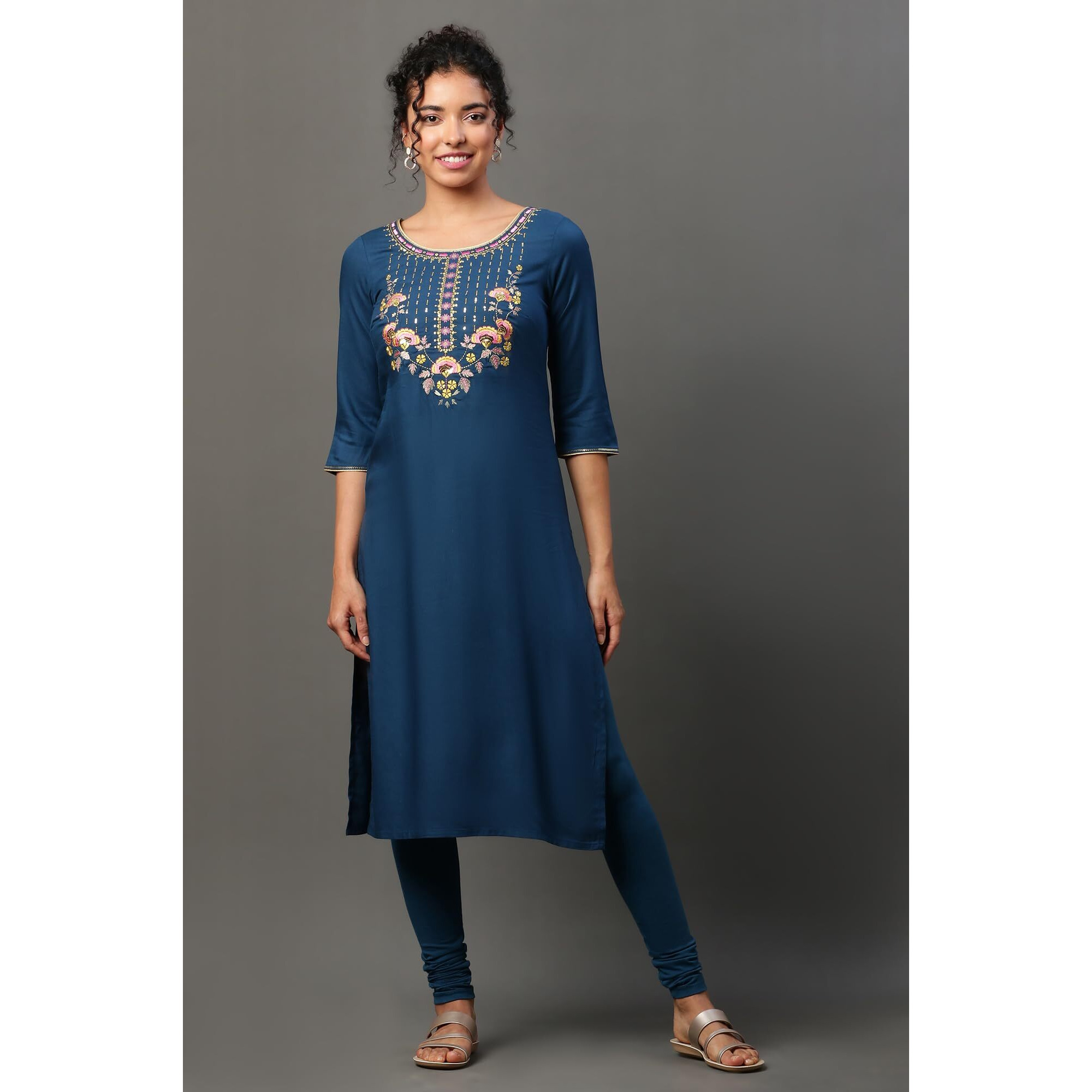 Aurelia Womens Solid Zari Embriodery Straight Kurta | Lightweight Round Neck Kurta For Women | Solid Kurta For Women | Beautiful Regular Fit Kurta For Women Blue