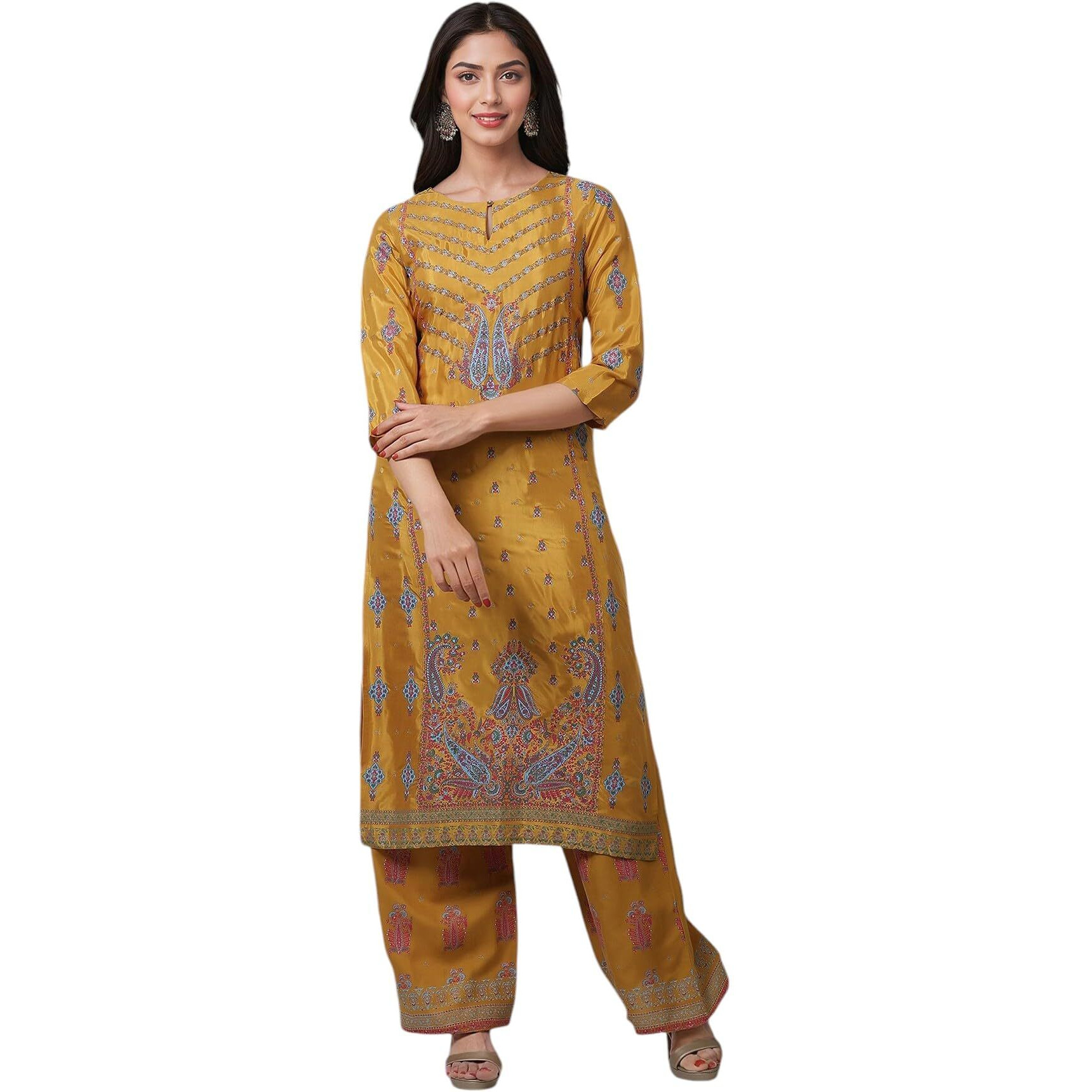 W For Woman Glitter Printed Shantung Straight Kurta And Pants Set