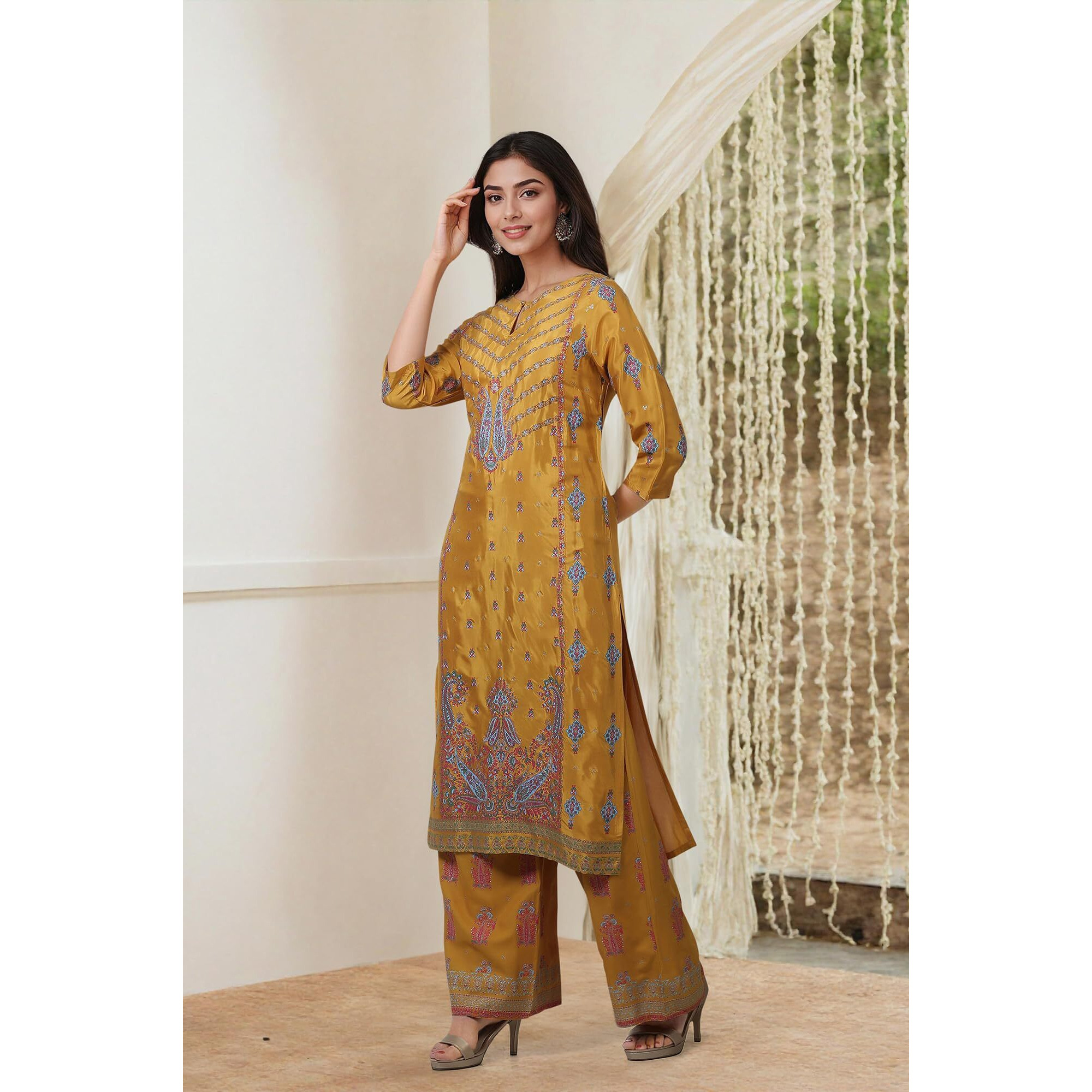 W For Woman Glitter Printed Shantung Straight Kurta And Pants Set