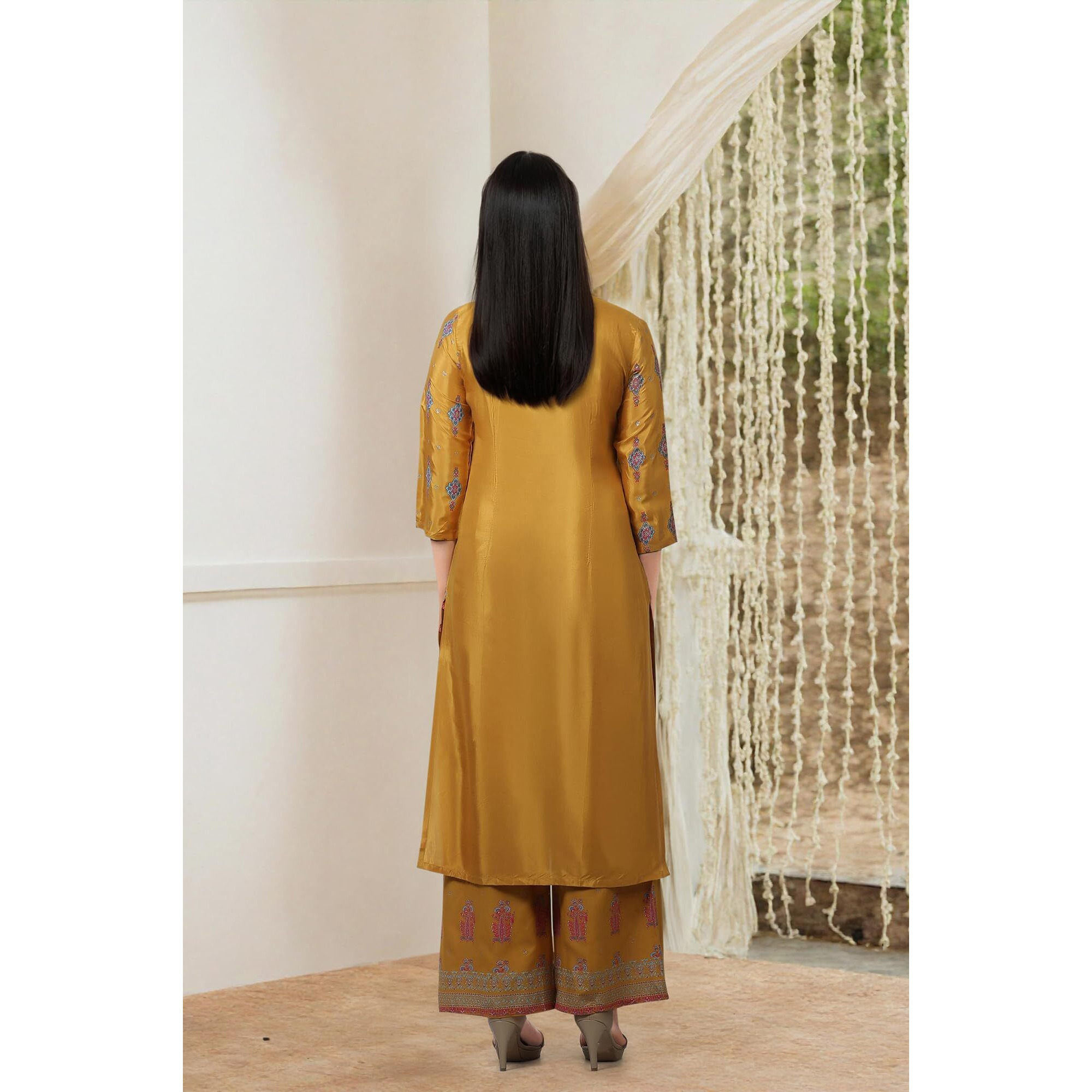 W For Woman Glitter Printed Shantung Straight Kurta And Pants Set