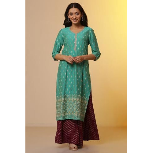 Aurelia Womens Ikkat Printed Straight Kurta | V-Neck Kurta For Women | Ikkat Printed Kurta For Women | Beautiful Regular Fit Kurta For Women Green