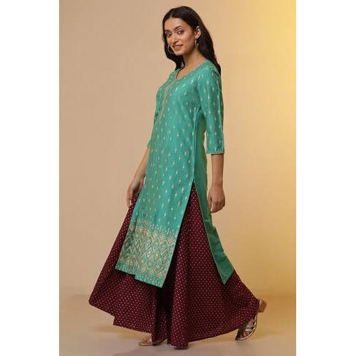 Aurelia Womens Ikkat Printed Straight Kurta | V-Neck Kurta For Women | Ikkat Printed Kurta For Women | Beautiful Regular Fit Kurta For Women Green