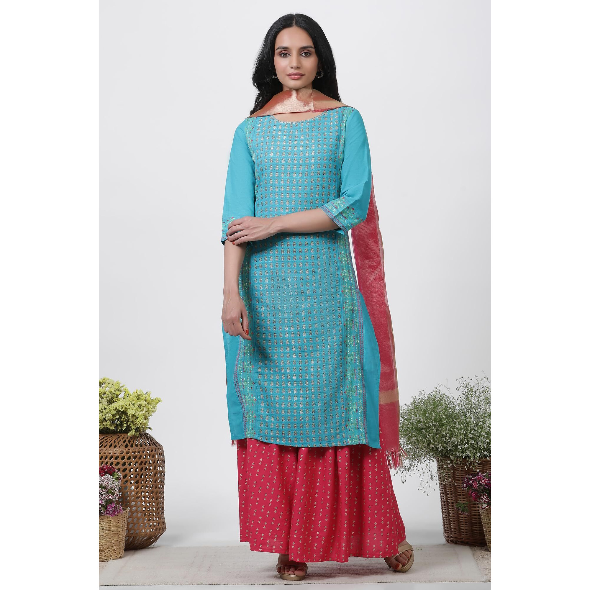 W For Woman Blue Festive Geometric Print Cotton Straight Kurta Set With Sharara & Dupatta_23Fews19071-312765_L