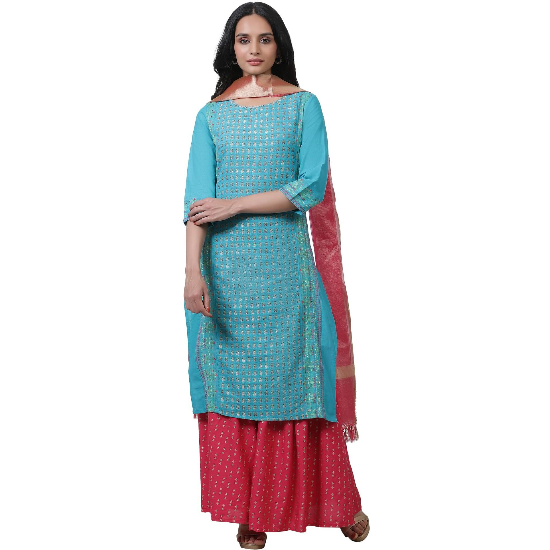 W For Woman Blue Festive Geometric Print Cotton Straight Kurta Set With Sharara & Dupatta_23Fews19071-312765_Xs