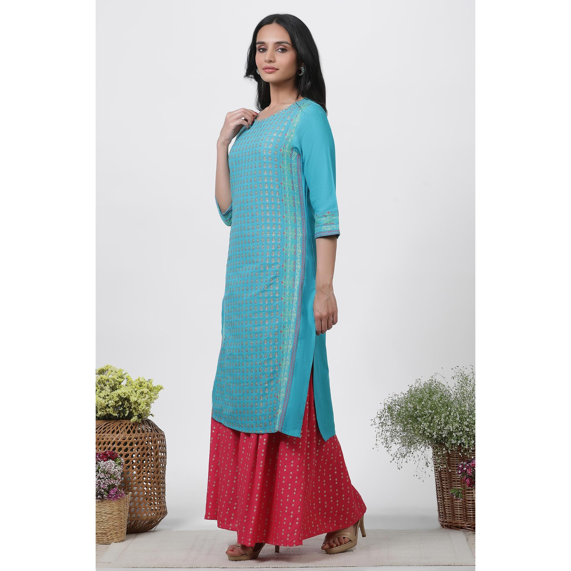 W For Woman Blue Festive Geometric Print Cotton Straight Kurta Set With Sharara & Dupatta_23Fews19071-312765_S