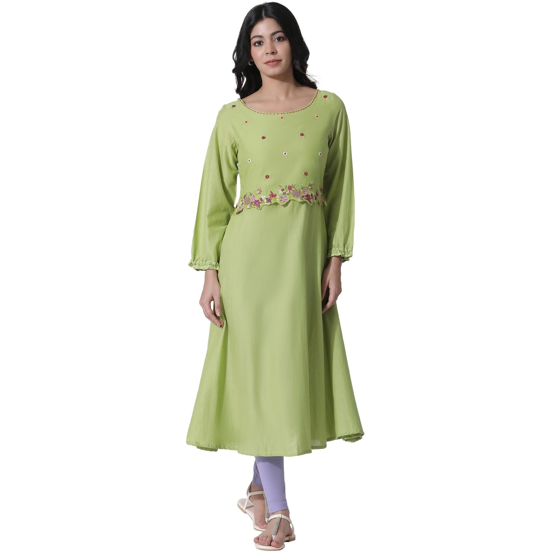 W For Woman Green Embroidered A-Line Cotton Kurta And Tights Set_23Fews18441-218446_L