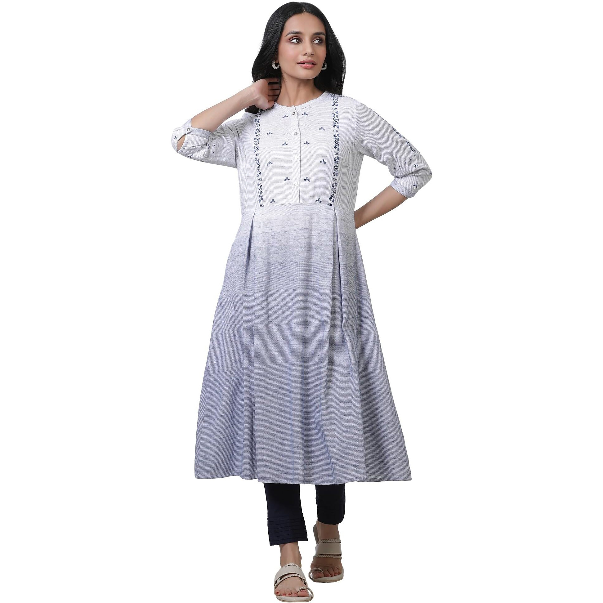 W For Woman Grey & Blue Ombre A-Line Kurta And Pants Set (Size M)-23Fews19279-312836