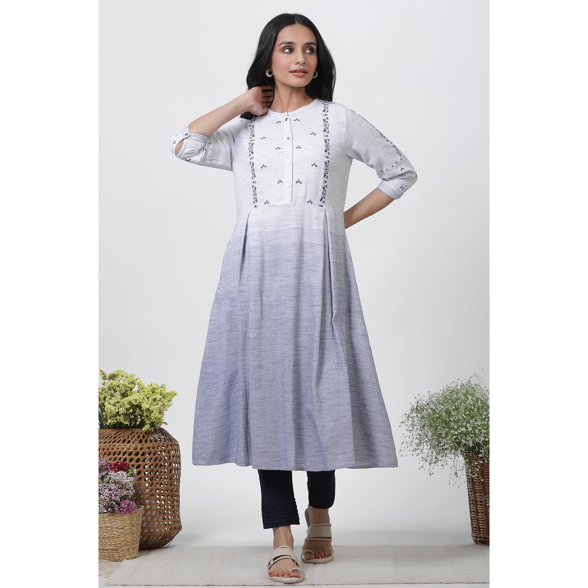 W For Woman Grey & Blue Ombre A-Line Kurta And Pants Set (Size M)-23Fews19279-312836