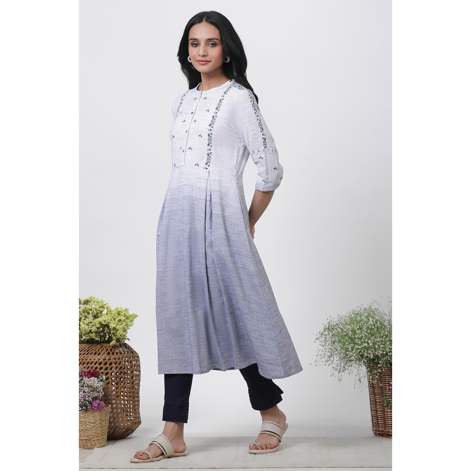 W For Woman Grey & Blue Ombre A-Line Kurta And Pants Set (Size M)-23Fews19279-312836