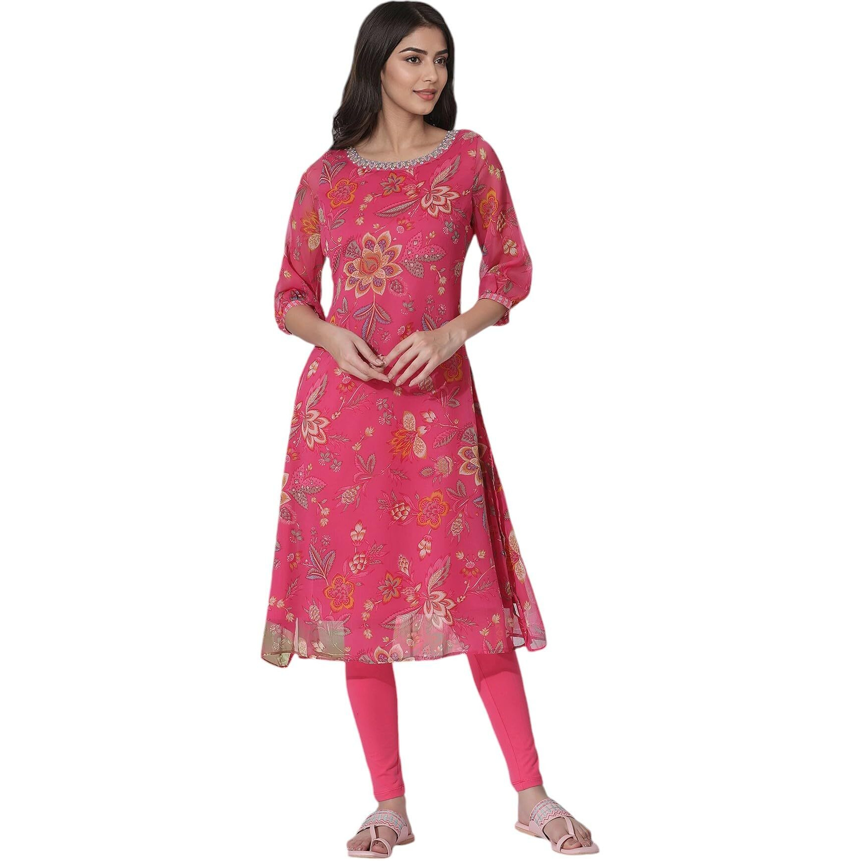 W For Woman Pink Floral Printed Chiffon A-Line Kurta And Tights_23Auws19729-121269_Xl