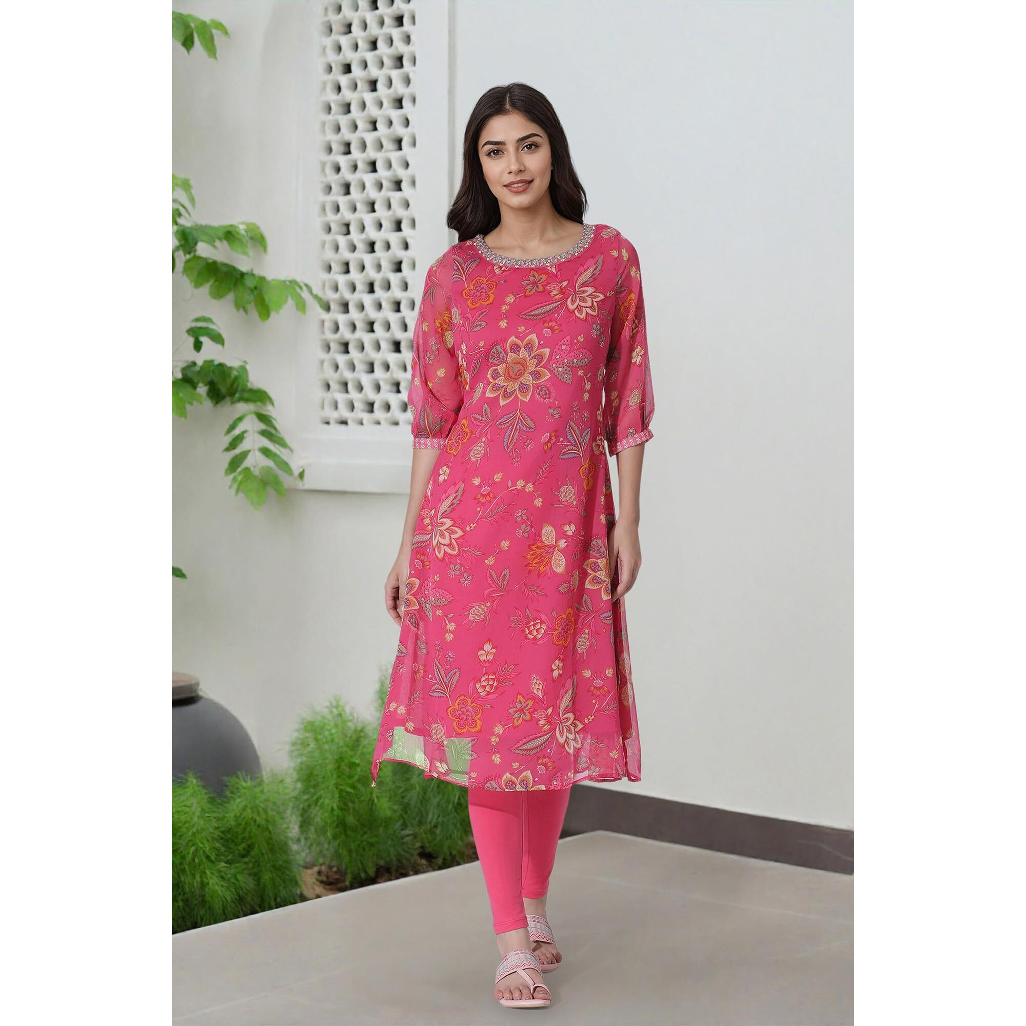 W For Woman Pink Floral Printed Chiffon A-Line Kurta And Tights_23Auws19729-121269_Xl