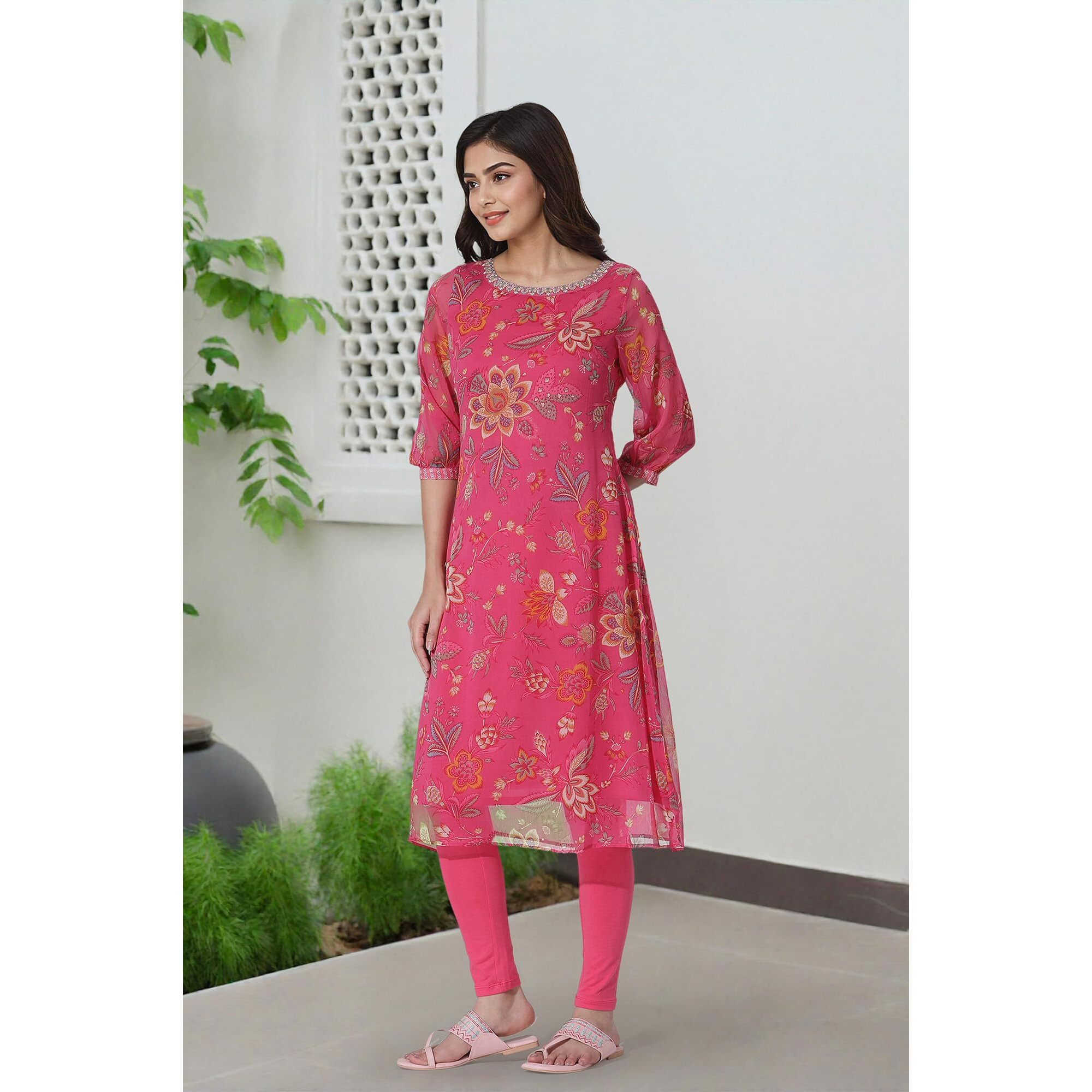 W For Woman Pink Floral Printed Chiffon A-Line Kurta And Tights_23Auws19729-121269_Xl