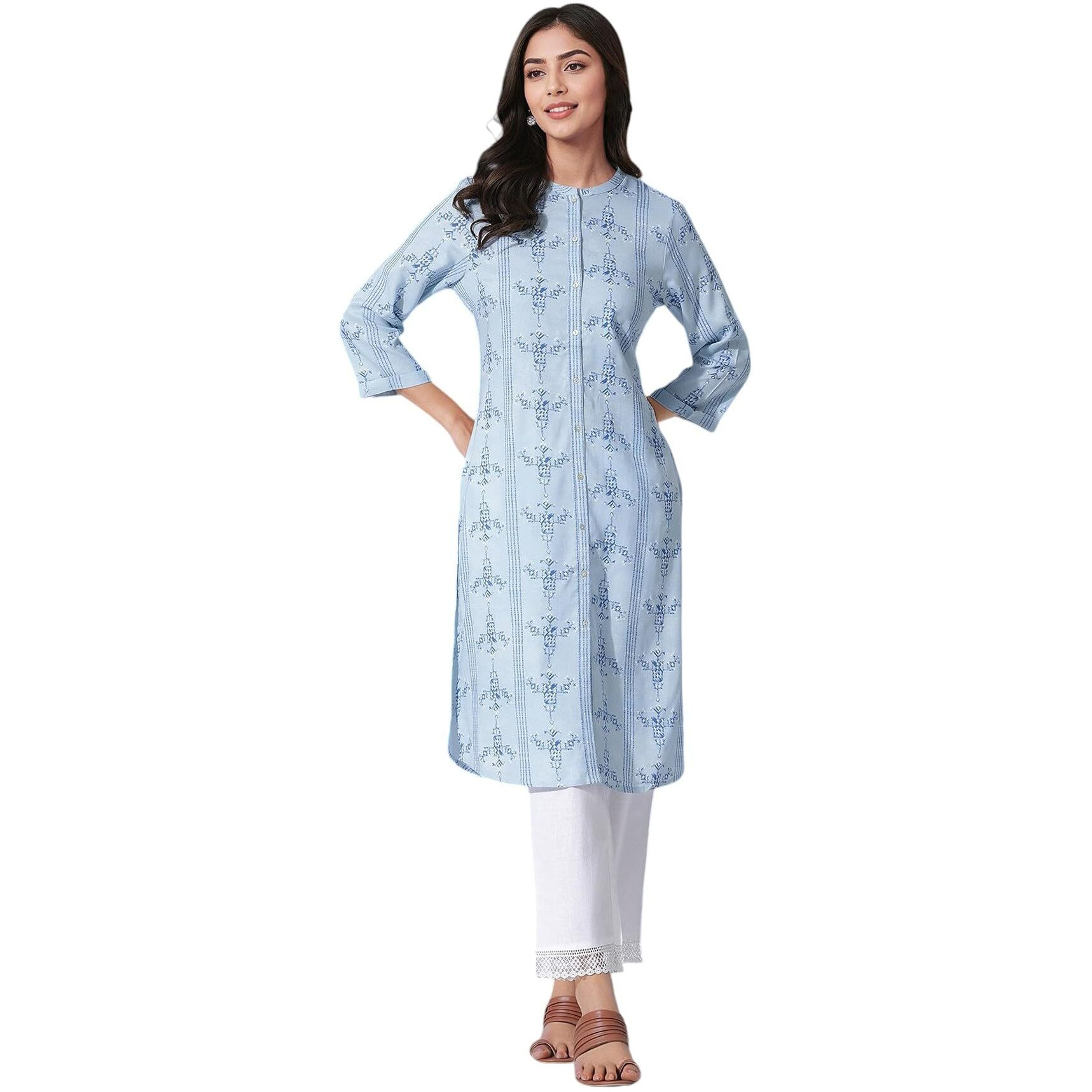 W For Woman Blue Geometric Print Shirt Kurta And Straight Pants Set_23Auws19916-121809_3Xl