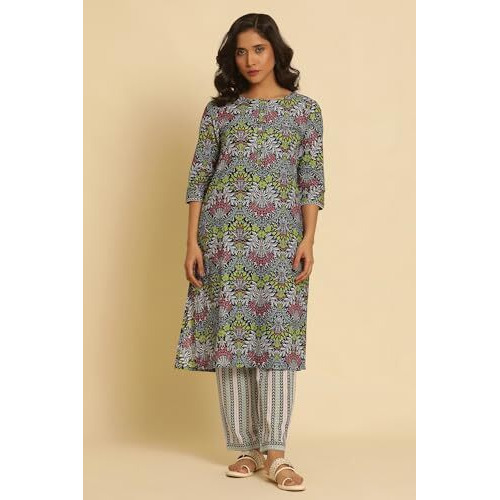 W Women Black Floral Print Cotton Kurta & Straight Pant_24Fews10825-123534_L