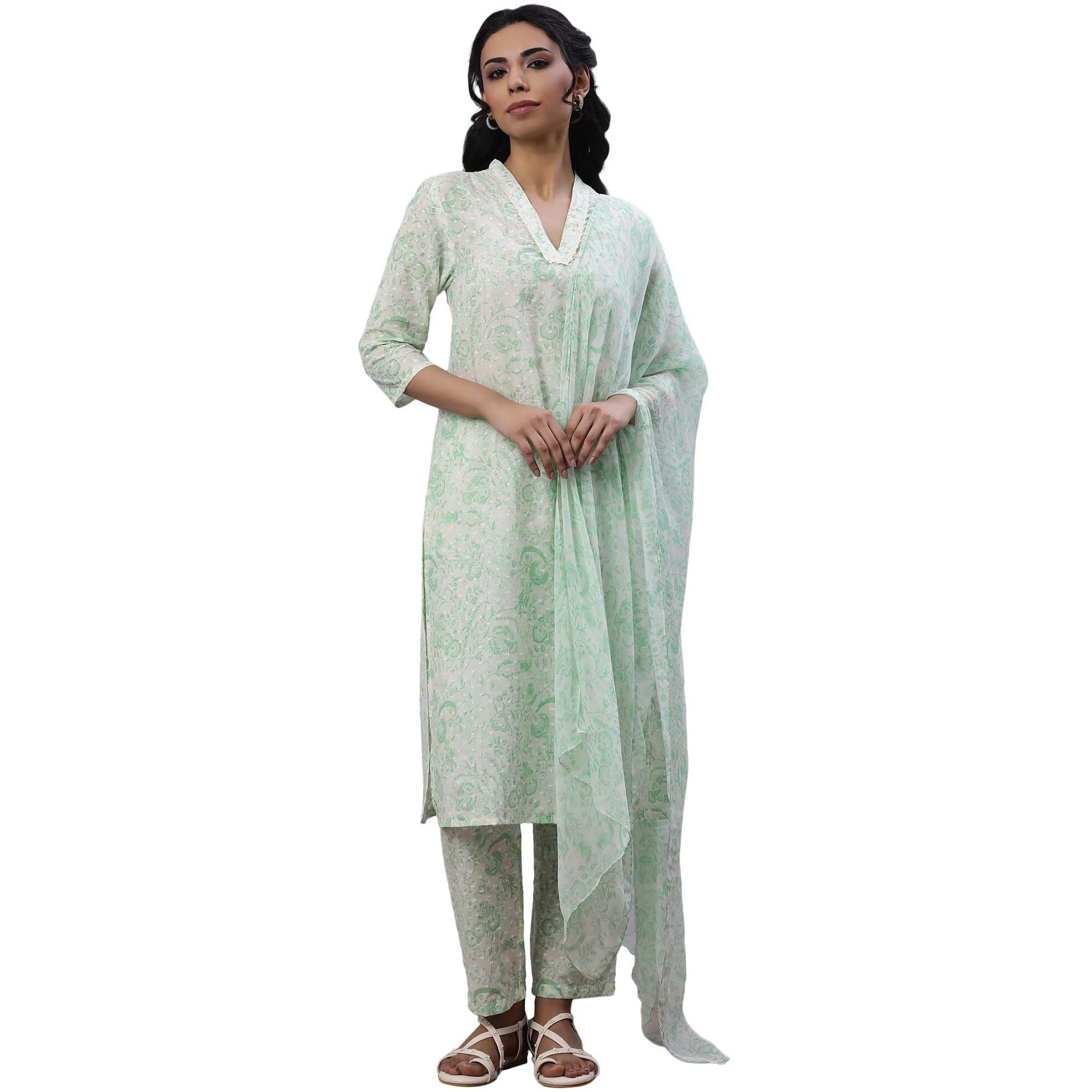 W Women White Floral Print Cotton Co-Ord Kurta Set, Straight Pant & Dupatta_24Fews10744-122766_Xs