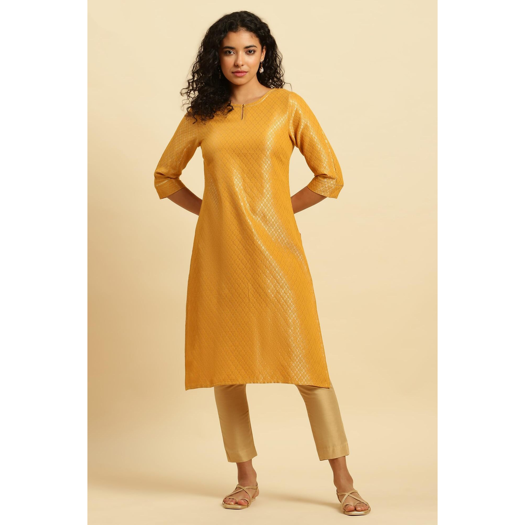 W For Woman Women's Viscose Geometric Regular Kurta (23Austw10700-313367_Yellow