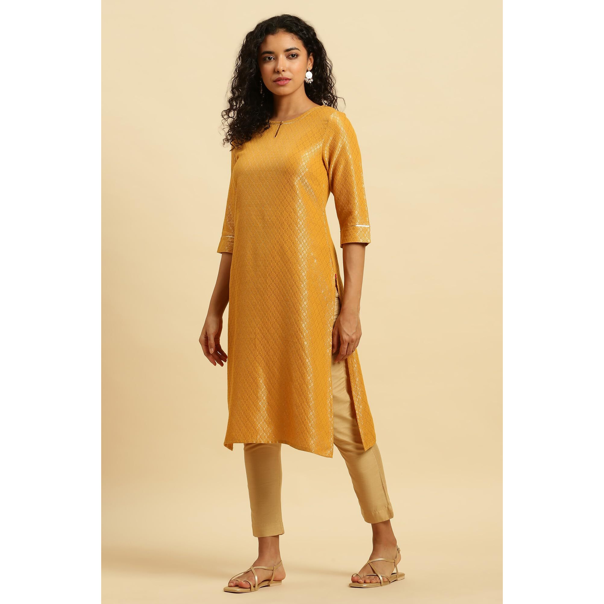 W For Woman Women's Viscose Geometric Regular Kurta (23Austw10700-313367_Yellow