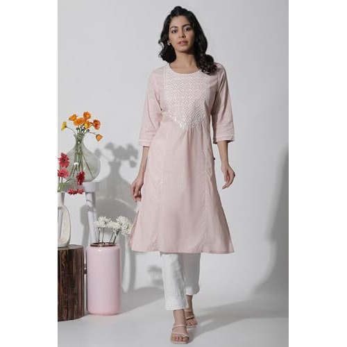 W Women Pink Festive Solid Cotton Straight Kurta_24Few10509-221413_3Xl