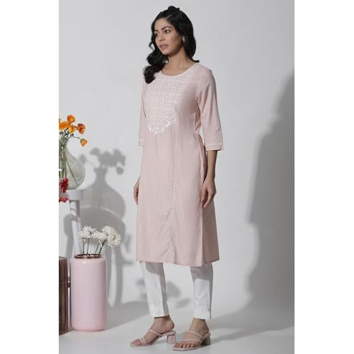 W Women Pink Festive Solid Cotton Straight Kurta_24Few10509-221413_3Xl