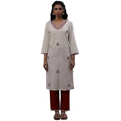W Women Cream Solid Cotton Straight Kurta_24Few10609-221335_L