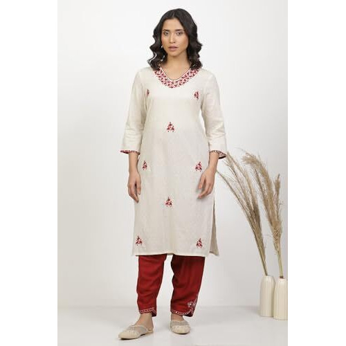 W Women Cream Solid Cotton Straight Kurta_24Few10609-221335_L