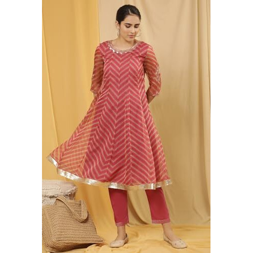 W For Woman Pink Festive Striped Print Organza Flared Kurta Set With Straight Pant_24Fews19928-121974_L