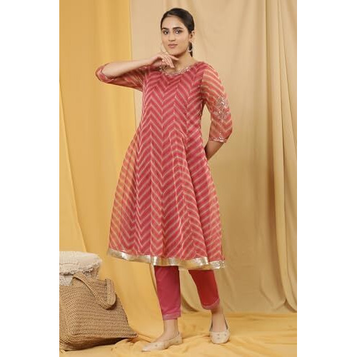 W For Woman Pink Festive Striped Print Organza Flared Kurta Set With Straight Pant_24Fews19928-121974_L