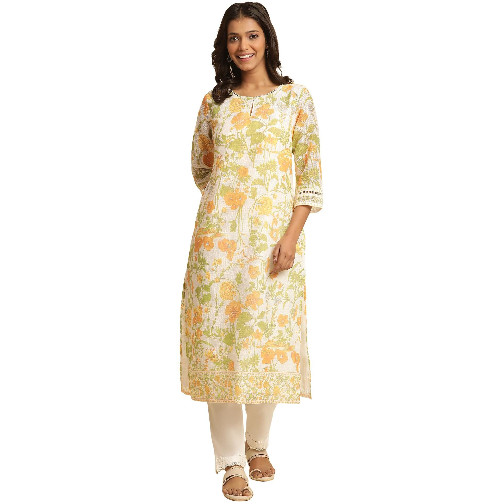 W Women White Floral Print Viscose Straight Kurta_24Few10573-121976_S