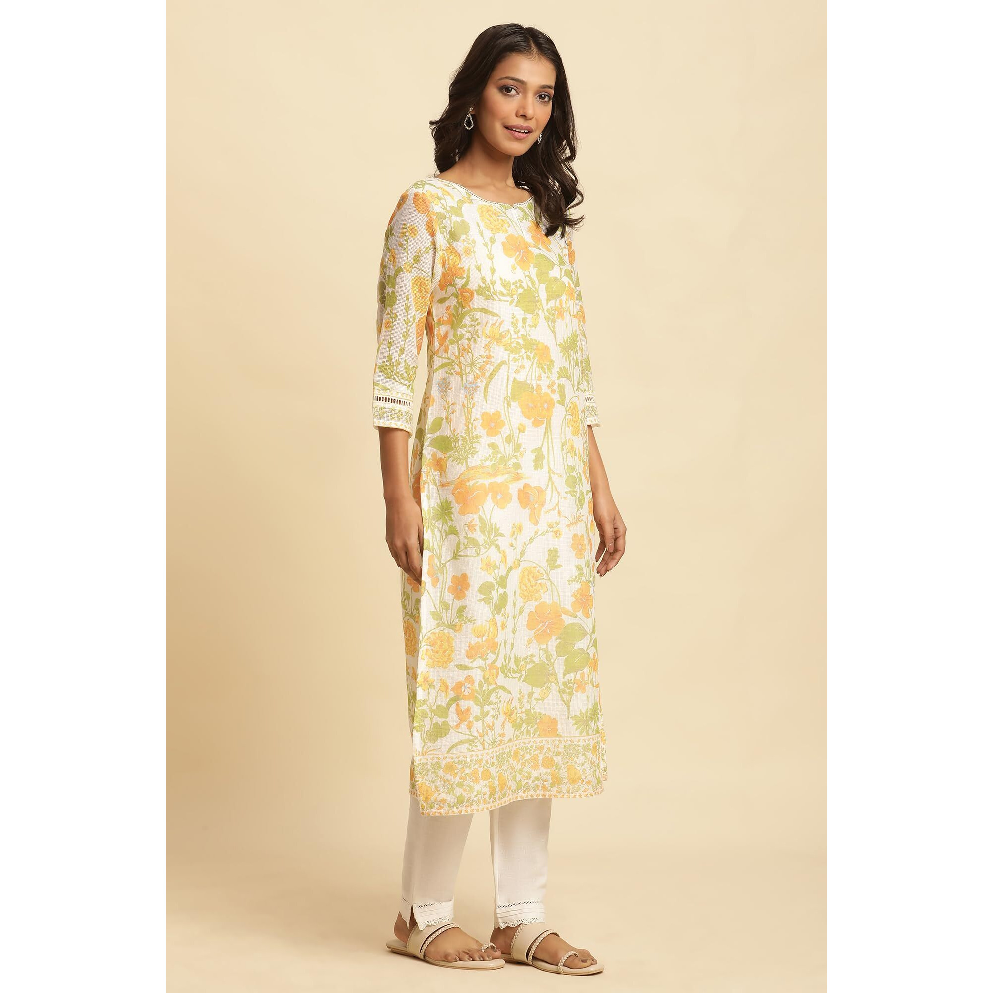 W Women White Floral Print Viscose Straight Kurta_24Few10573-121976_S