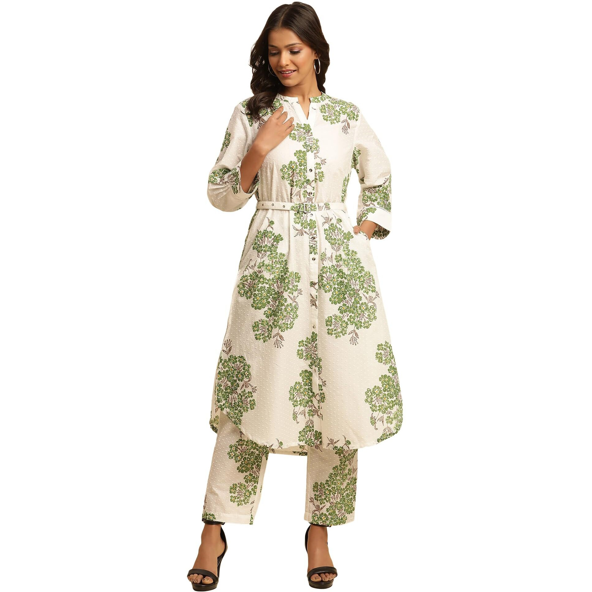 W Women White Floral Print Cotton Co-Ord Kurta Set & Straight Pant_24Fews10581-123207_3Xl