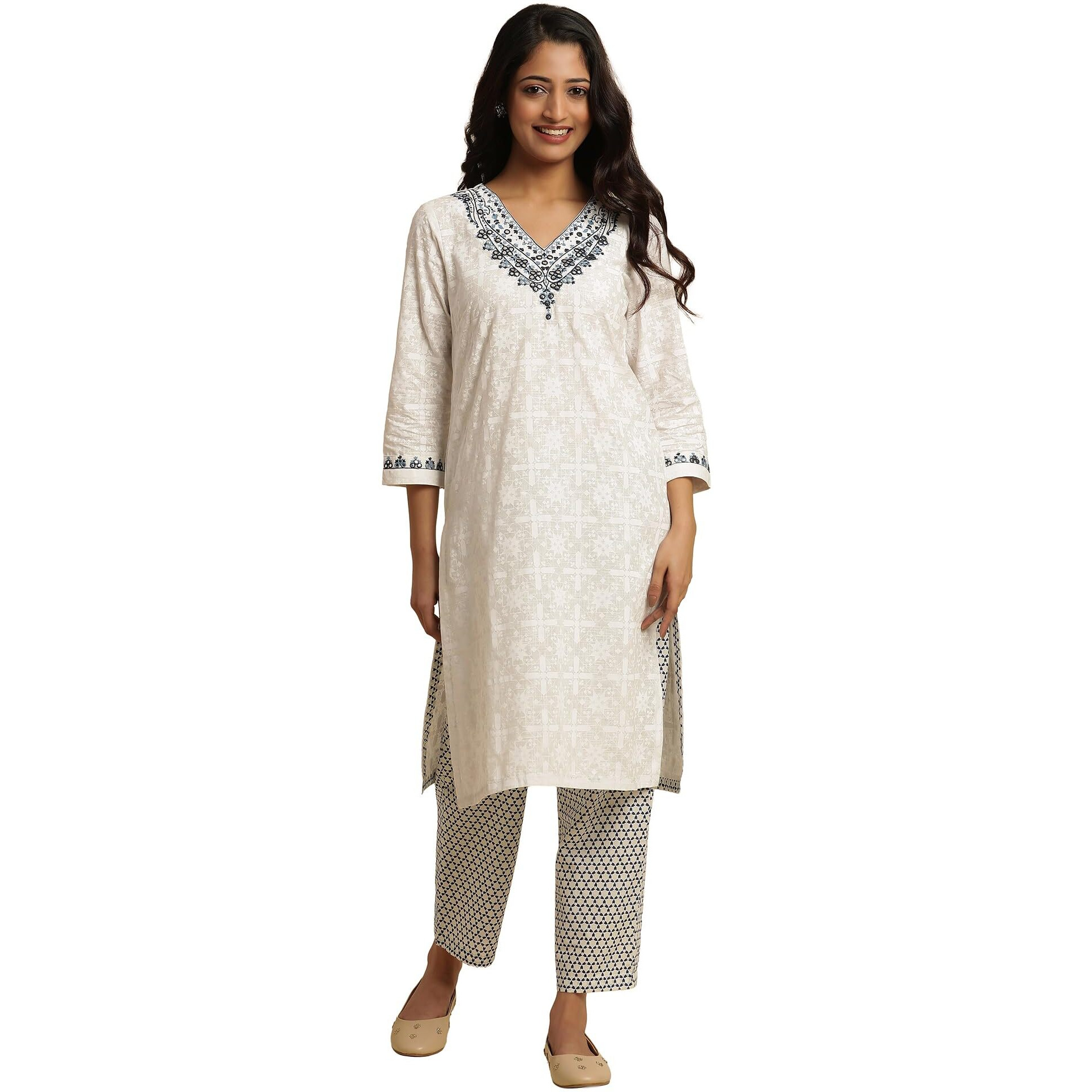 W For Woman W For Womanhite Geometric Printed Cotton Regular Kurta