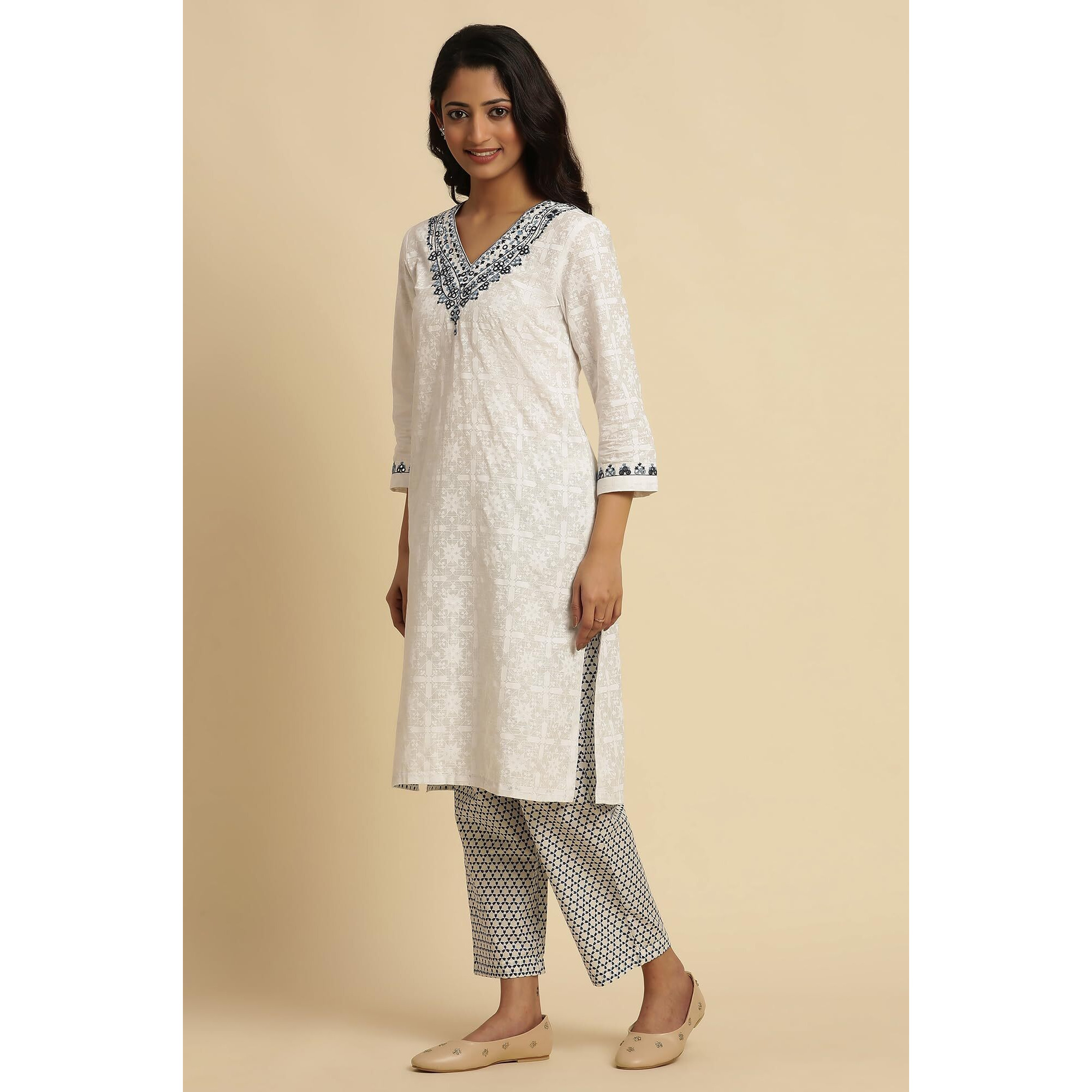 W For Woman W For Womanhite Geometric Printed Cotton Regular Kurta