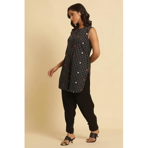 W Women Black Geometric Print Cotton Tunic_24Few30808-313591_M