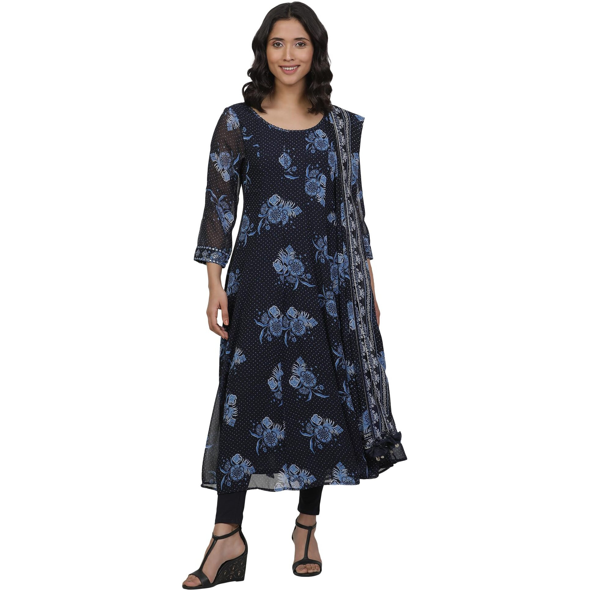 W For Woman Blue Floral Printed Flared Georgette Kurta, Tights And Dupatta Set_24Fews10606-123027_2Xl