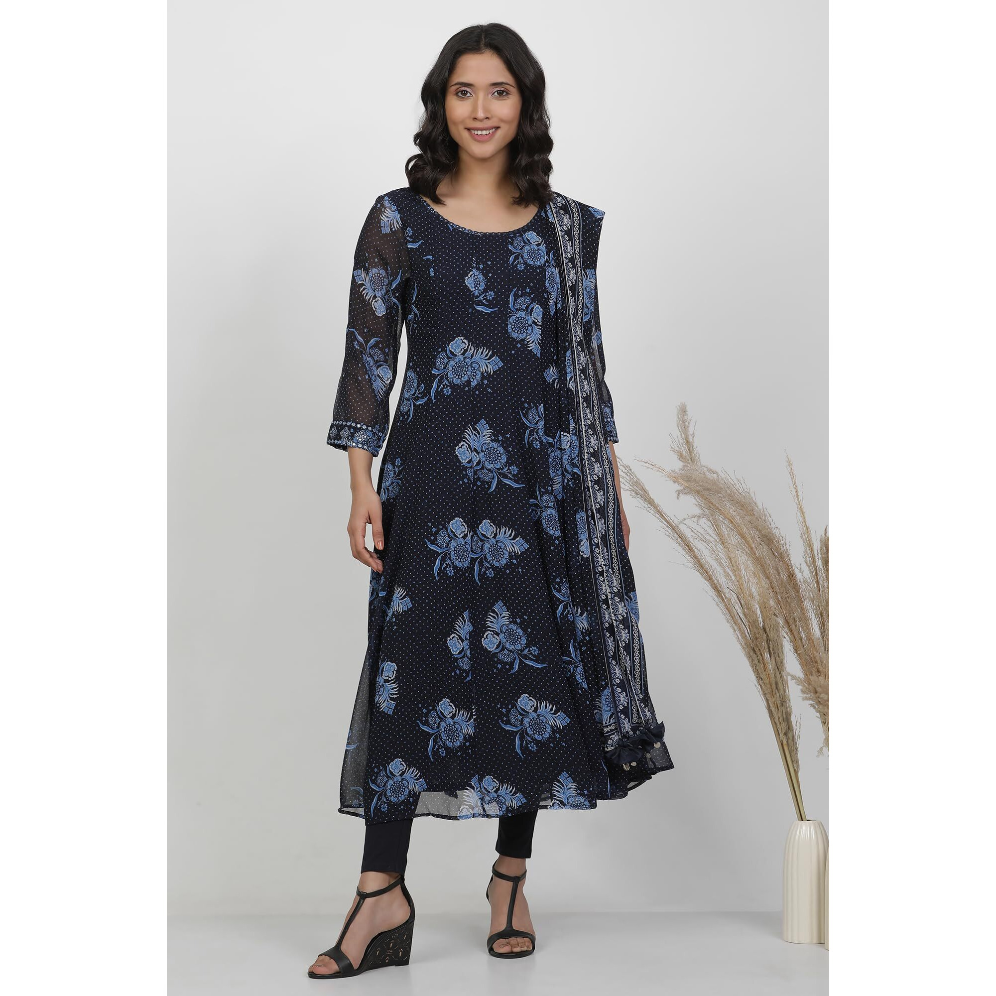 W For Woman Blue Floral Printed Flared Georgette Kurta, Tights And Dupatta Set_24Fews10606-123027_2Xl