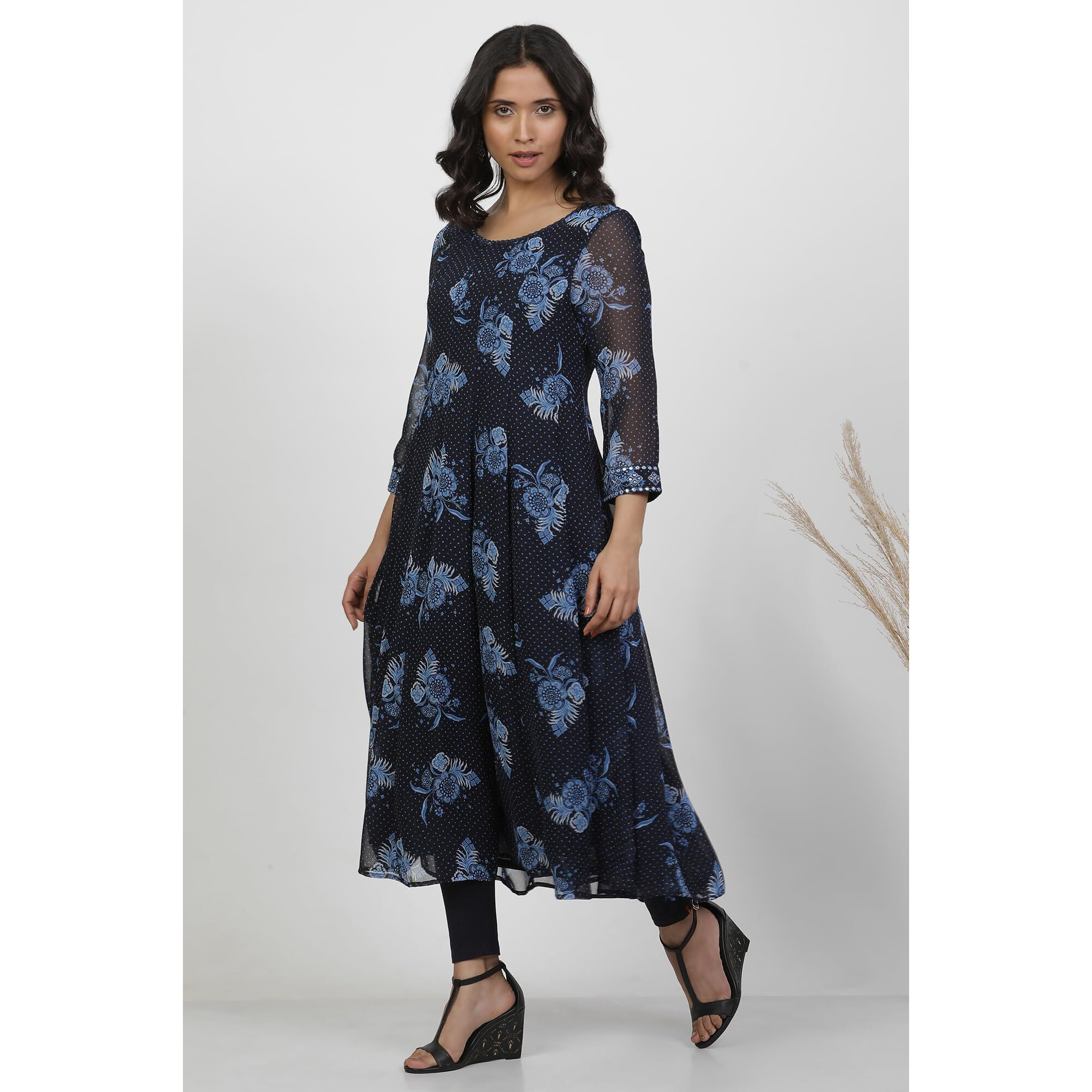 W For Woman Blue Floral Printed Flared Georgette Kurta, Tights And Dupatta Set_24Fews10606-123027_2Xl