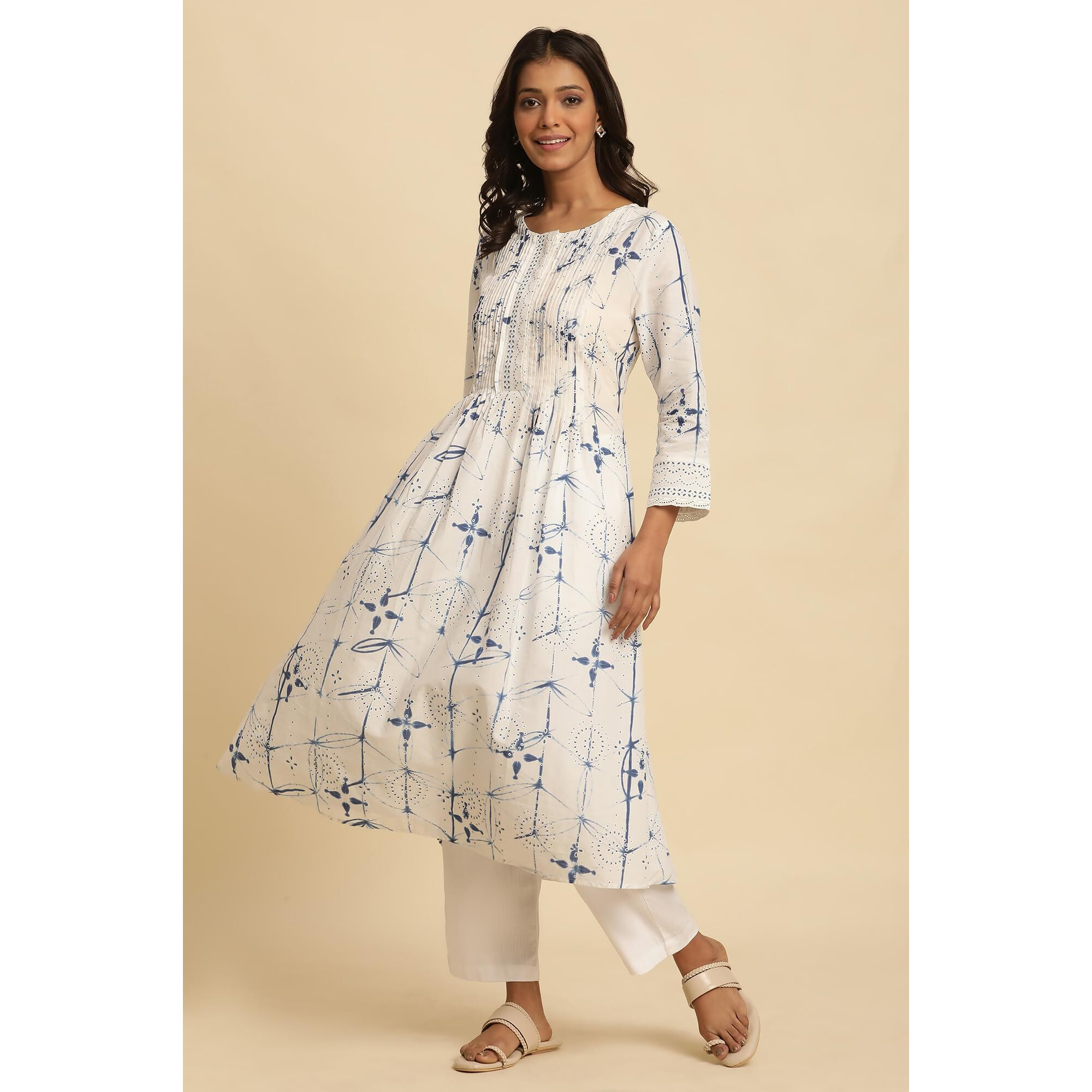 W Women White Printed Cotton Flared Kurta_24Few10520-123923_2Xl