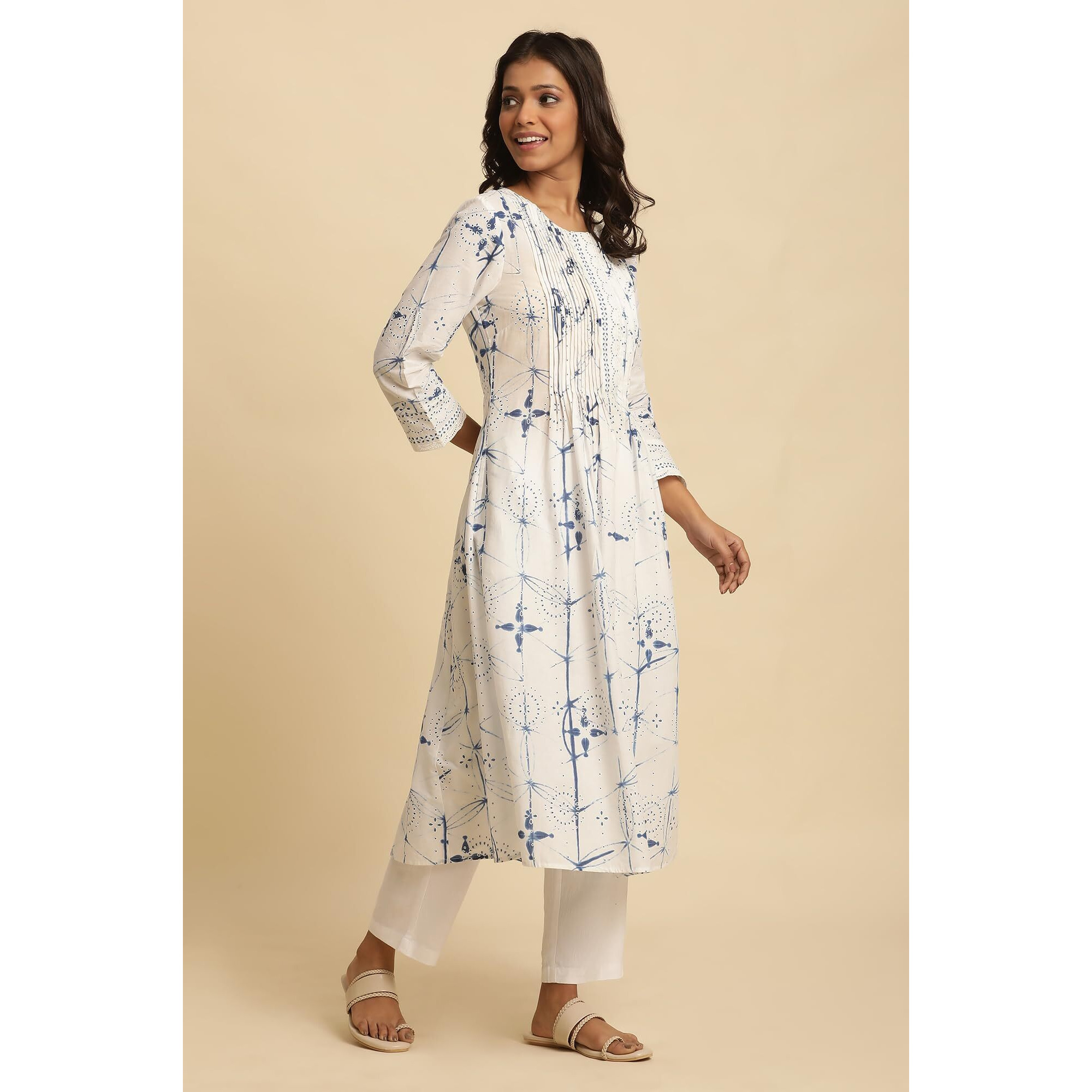 W Women White Printed Cotton Flared Kurta_24Few10520-123923_2Xl